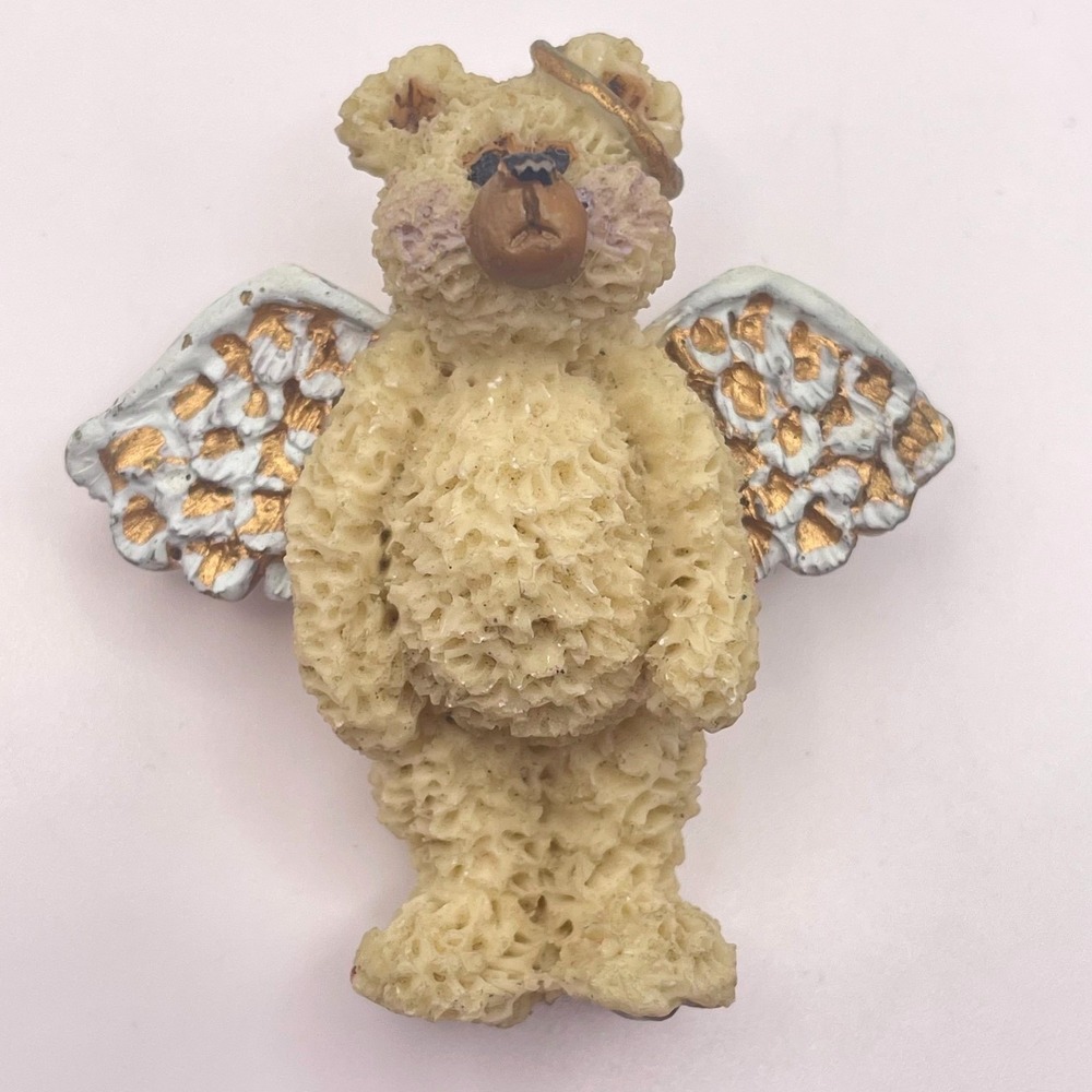 Vintage 90s Angel Teddy Bear Brooch Cream Resin Gold Tone Wing Halo Figurine Pin